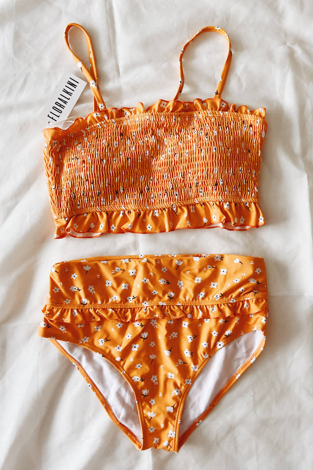 Orange Floral Ruffle Trim High Waist Bikini Bottom