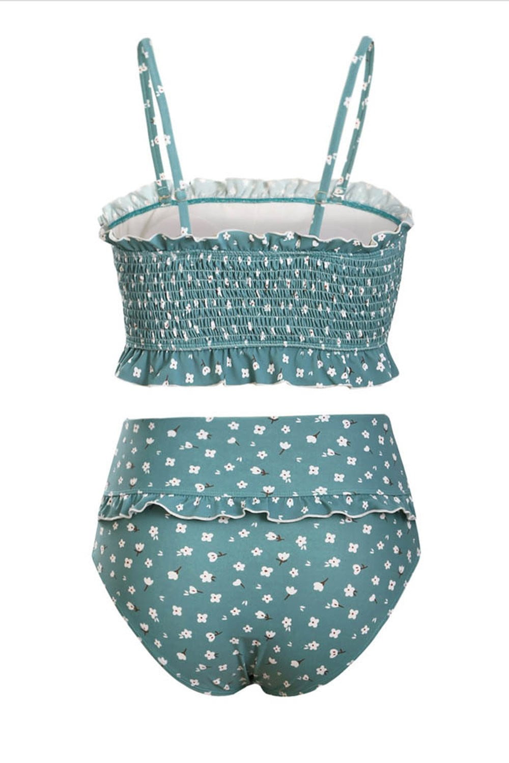 Light Blue Floral Ruffle Trim High Waist Bikini Bottom