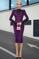 Luxury Leopard Turtleneck Long Sleeve Cocktail Party Midi Dress - Purple