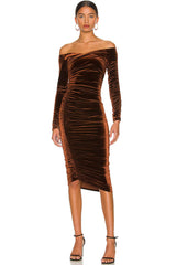 Off Shoulder Long Sleeve Velvet Cocktail Party Midi Dress - Chocolate