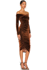 Off Shoulder Long Sleeve Velvet Cocktail Party Midi Dress - Chocolate