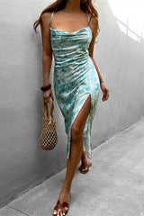 Print Sling Slit Backless Spaghetti Strap Midi Dress
