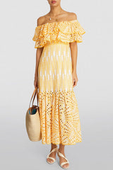Tiered Off Shoulder Broderie Anglaise Ruffle Maxi Dress - Yellow