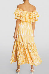 Tiered Off Shoulder Broderie Anglaise Ruffle Maxi Dress - Yellow