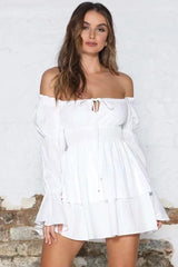 Tiered Ruffle Long Sleeve Tie Front Mini Little White Dress - White