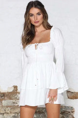 Tiered Ruffle Long Sleeve Tie Front Mini Little White Dress - White