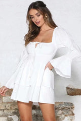 Tiered Ruffle Long Sleeve Tie Front Mini Little White Dress - White