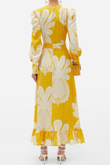 Tropical Floral Puff Sleeve Deep V Beach Vacation Maxi Dress - Yellow