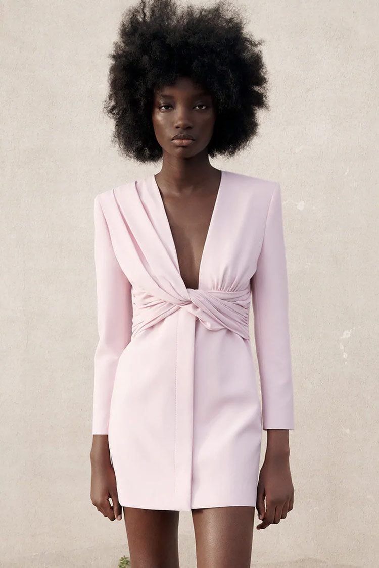 Twist Deep V Long Sleeve Mini Cocktail Party Dress - Pink