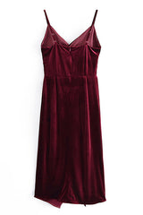 Velvet Spaghetti Strap Deep V High Slit Slip Midi Dress - Burgundy