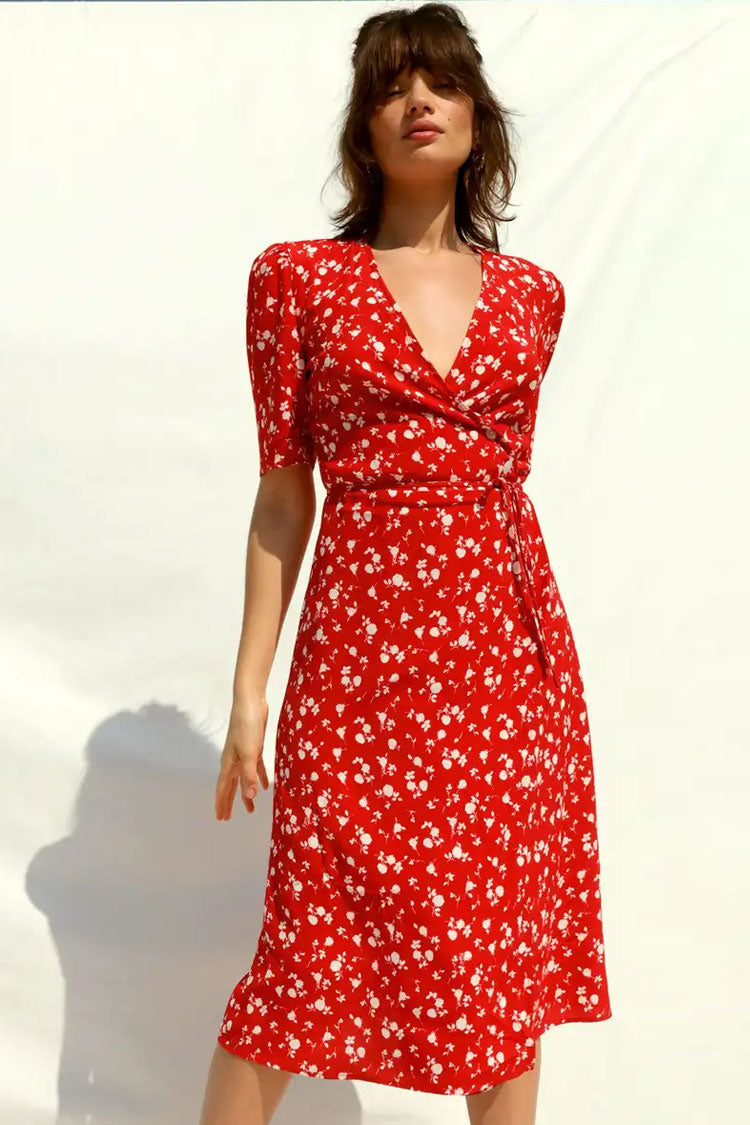 Vibrant Floral Printed Puff Sleeve French Wrap Midi Dress - Red