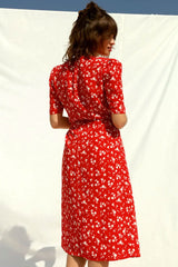 Vibrant Floral Printed Puff Sleeve French Wrap Midi Dress - Red