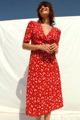 Vibrant Floral Printed Puff Sleeve French Wrap Midi Dress - Red