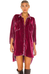 Vintage Bishop Sleeve Button Up Velvet High Low  Dress - Burgundy