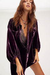 Vintage Bishop Sleeve Button Up Velvet High Low Dress - Purple