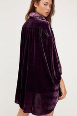 Vintage Bishop Sleeve Button Up Velvet High Low Dress - Purple