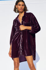 Vintage Bishop Sleeve Button Up Velvet High Low Dress - Purple