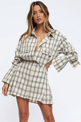 Vintage Plaid Print Long Sleeve Button Down Mini  Dress - Khaki