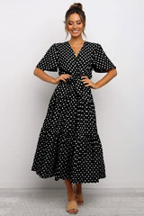 Vintage Polka Dot Belted Short Sleeve Ruffle Maxi Dress - Black