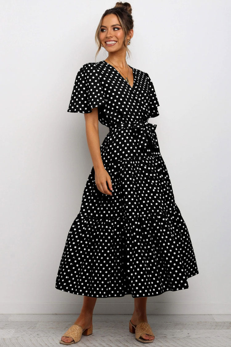 Vintage Polka Dot Belted Short Sleeve Ruffle Maxi Dress - Black
