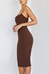 Vintage Square Neck Cami Shirred Cocktail Party Midi Dress - Brown