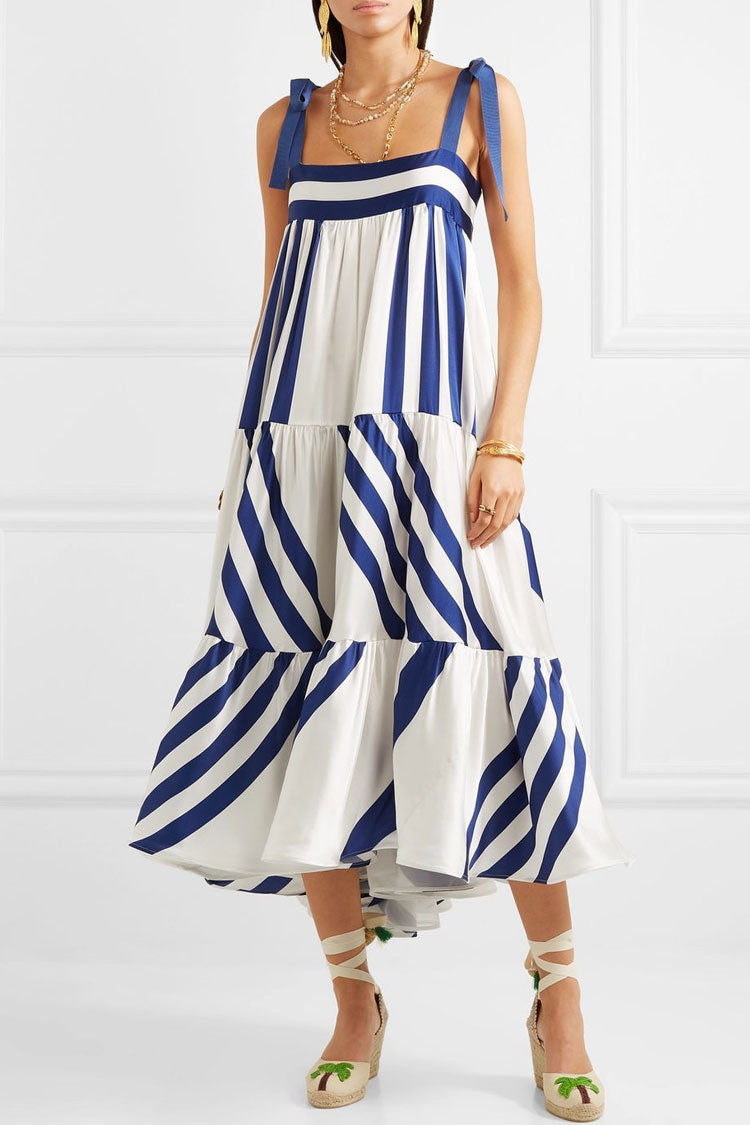Vocational Striped Square Neck A-Line Summer Midi Sundress - Blue