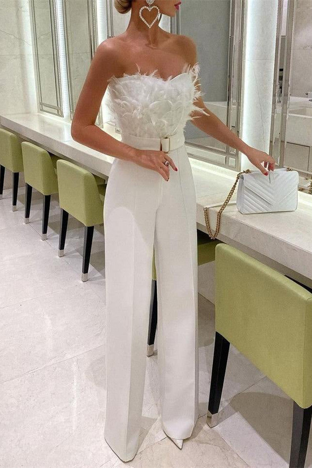Women's Jumpsuits Feather Bandeau Belt Jumpsuit