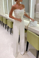 Women's Jumpsuits Feather Bandeau Belt Jumpsuit