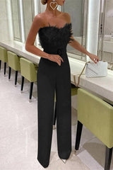 Women's Jumpsuits Feather Bandeau Belt Jumpsuit