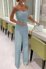 Women's Jumpsuits Feather Bandeau Belt Jumpsuit