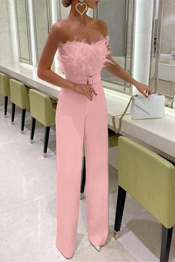 Women's Jumpsuits Feather Bandeau Belt Jumpsuit