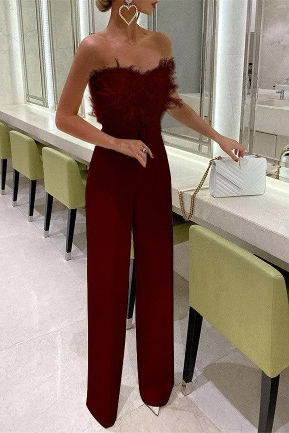 Women's Jumpsuits Feather Bandeau Belt Jumpsuit