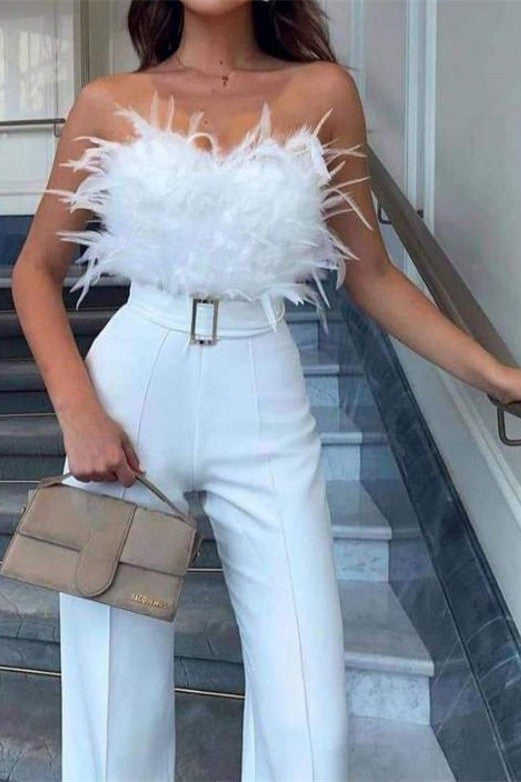 Women's Jumpsuits Feather Bandeau Belt Jumpsuit
