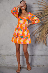 Youthful Floral Puff Sleeve Beach Vacation Mini Dress - Orange